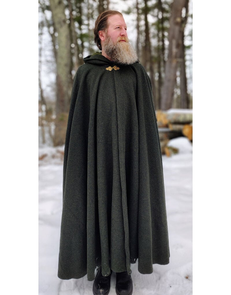 Cloakmakers.com 5947-Washable Green Wool Blend Ranger Cloak w/ Dark Green Velveteen Hood Lining, & Gold Tone Triple Medallion Clasp
