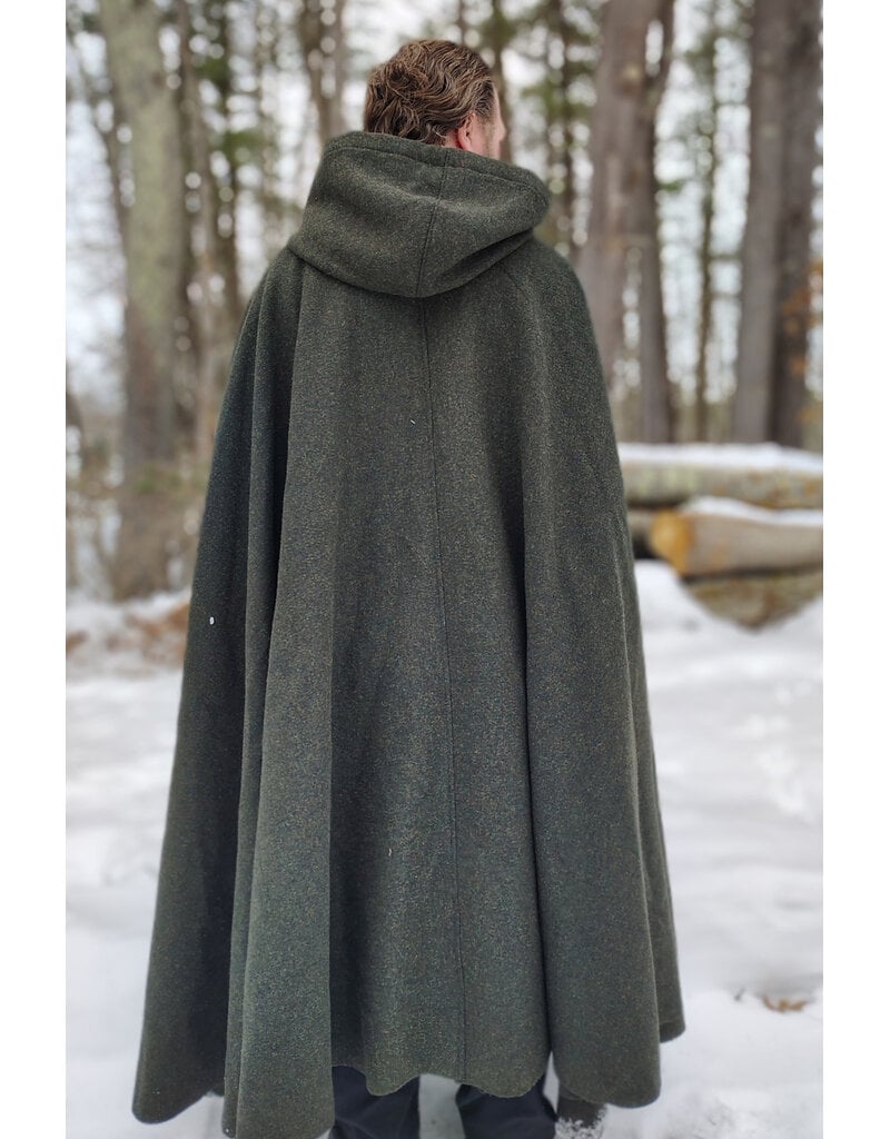 Cloakmakers.com 5947-Washable Green Wool Blend Ranger Cloak w/ Dark Green Velveteen Hood Lining, & Gold Tone Triple Medallion Clasp