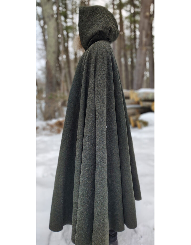 Cloakmakers.com 5947-Washable Green Wool Blend Ranger Cloak w/ Dark Green Velveteen Hood Lining, & Gold Tone Triple Medallion Clasp