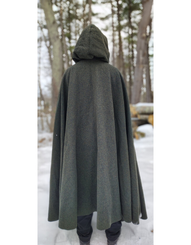 Cloakmakers.com 5947-Washable Green Wool Blend Ranger Cloak w/ Dark Green Velveteen Hood Lining, & Gold Tone Triple Medallion Clasp