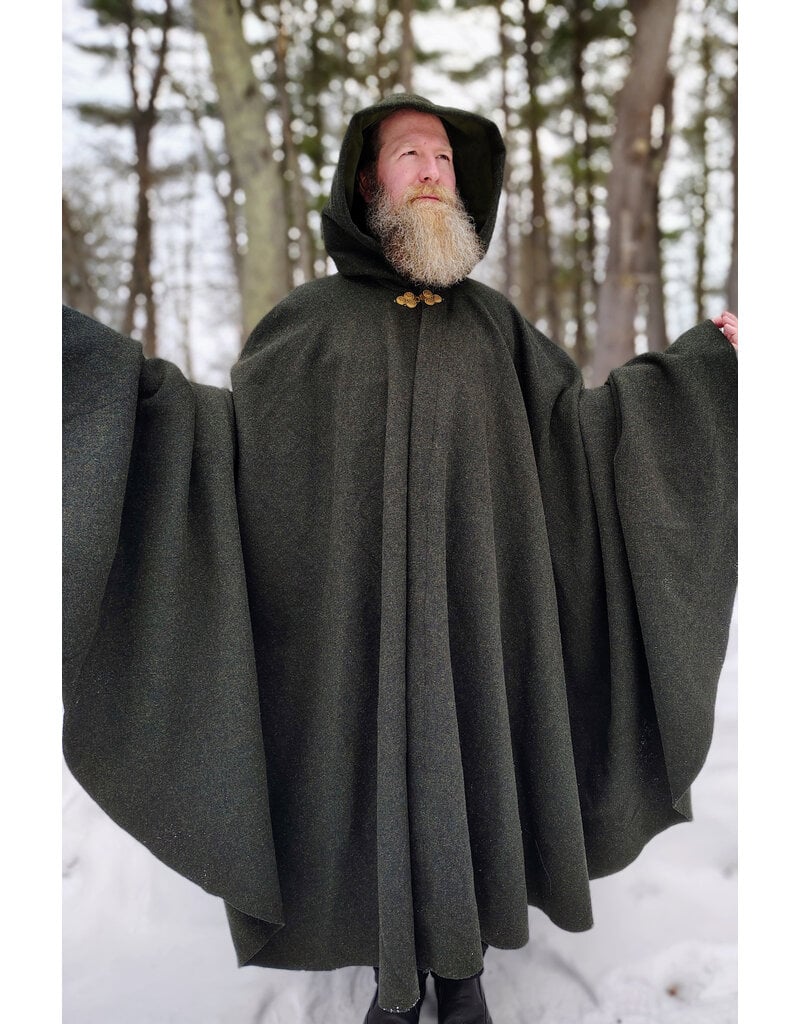 Cloakmakers.com 5947-Washable Green Wool Blend Ranger Cloak w/ Dark Green Velveteen Hood Lining, & Gold Tone Triple Medallion Clasp