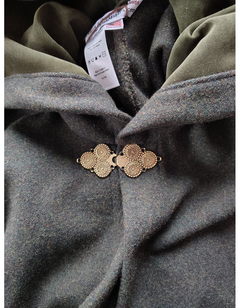 Cloakmakers.com 5947-Washable Green Wool Blend Ranger Cloak w/ Dark Green Velveteen Hood Lining, & Gold Tone Triple Medallion Clasp