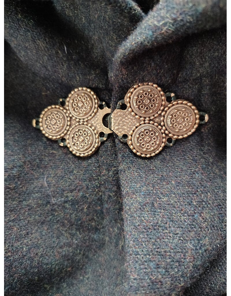 Cloakmakers.com 5947-Washable Green Wool Blend Ranger Cloak w/ Dark Green Velveteen Hood Lining, & Gold Tone Triple Medallion Clasp