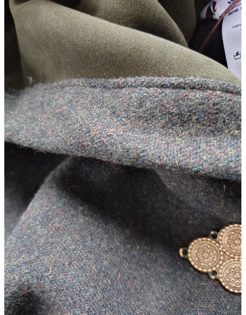 Cloakmakers.com 5947-Washable Green Wool Blend Ranger Cloak w/ Dark Green Velveteen Hood Lining, & Gold Tone Triple Medallion Clasp