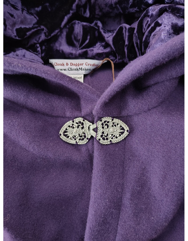 Cloakmakers.com 5948-Washable Rich Purple Wool Cloak w/ Purple Velvet Hood Lining & Gothic Rose Clasp