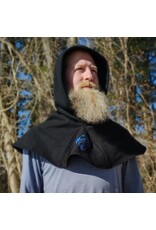 Cloakmakers.com H553-Washable Black Wool Blend Hooded Cowl w/ Blue Dragon Embroidery