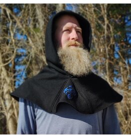 Cloakmakers.com H553-Washable Black Wool Blend Hooded Cowl w/ Blue Dragon Embroidery