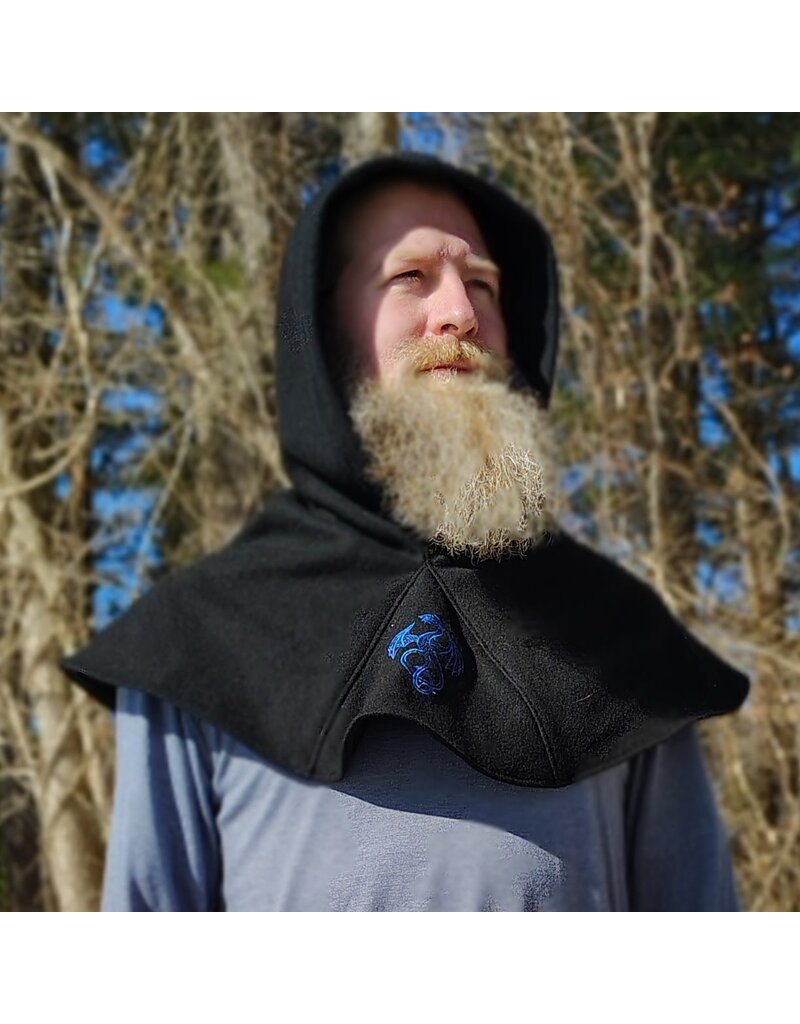 Cloakmakers.com H553-Washable Black Wool Blend Hooded Cowl w/ Blue Dragon Embroidery