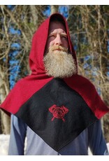 Cloakmakers.com H554-Washable Red & Black Wool Hooded Cowl w/ Ax Embroidery & Pointy Hood