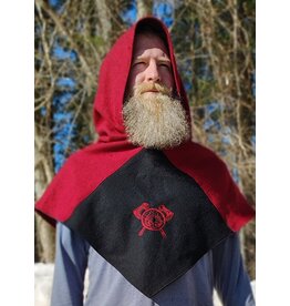 Cloakmakers.com H554-Washable Red & Black Wool Skjoldehamn Viking hood w/ Axe Embroidery
