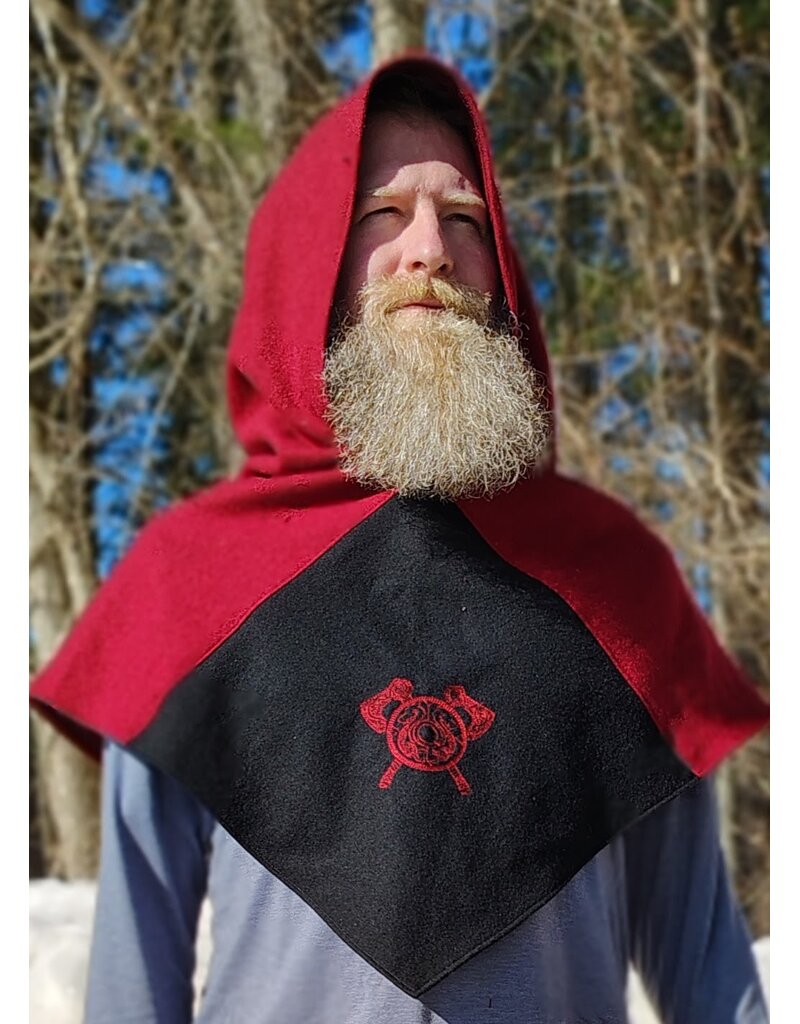 Cloakmakers.com H554-Washable Red & Black Wool Hooded Cowl w/ Ax Embroidery & Pointy Hood