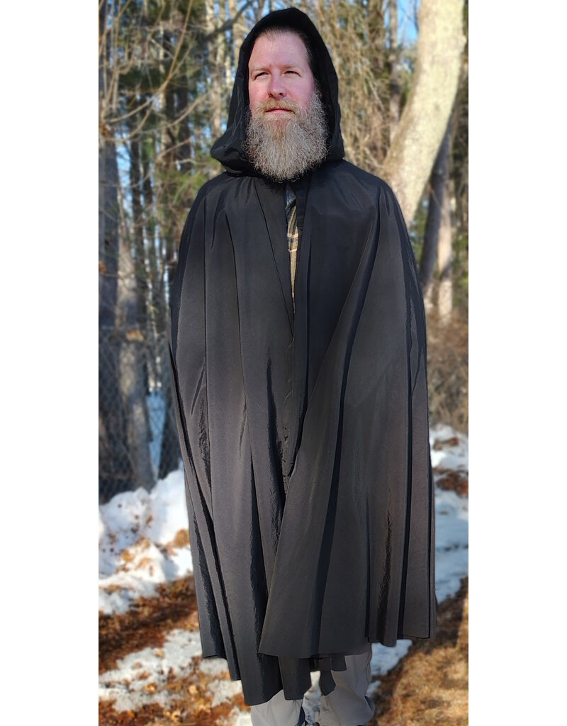 Cloakmakers.com 5954-Washable Very Lightweight Black Nylon Raincloak w/ Black Velvet Hood Lining