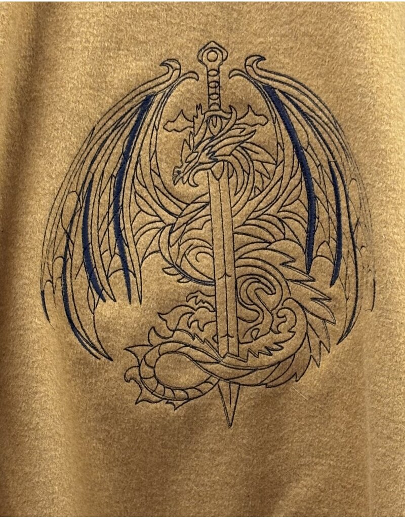 Cloakmakers.com 5611-Washable Amber Wool Blend Cloak w/Sword Dragon Embroidery,  Black Velvet Hood Lining & Pale Yellow Pockets