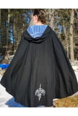 Cloakmakers.com 5955-Washable Medium Weight Black Wool Cloak w/ Light Blue Velvet Hood Lining & Dragon and Sword Embroidery