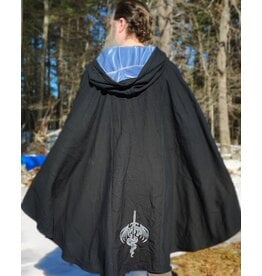 Cloakmakers.com 5955-Washable Medium Weight Black Wool Cloak w/ Light Blue Velvet Hood Lining & Dragon and Sword Embroidery