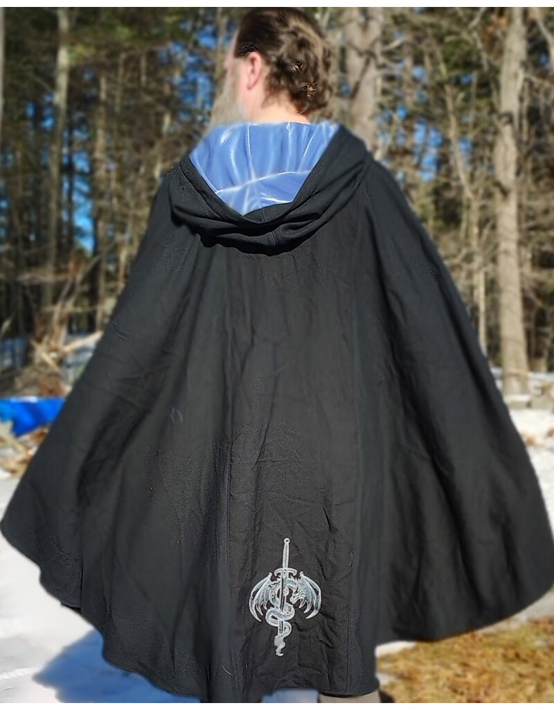 Cloakmakers.com 5955-Washable Medium Weight Black Wool Cloak w/ Light Blue Velvet Hood Lining & Dragon and Sword Embroidery
