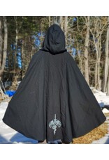 Cloakmakers.com 5955-Washable Medium Weight Black Wool Cloak w/ Light Blue Velvet Hood Lining & Dragon and Sword Embroidery