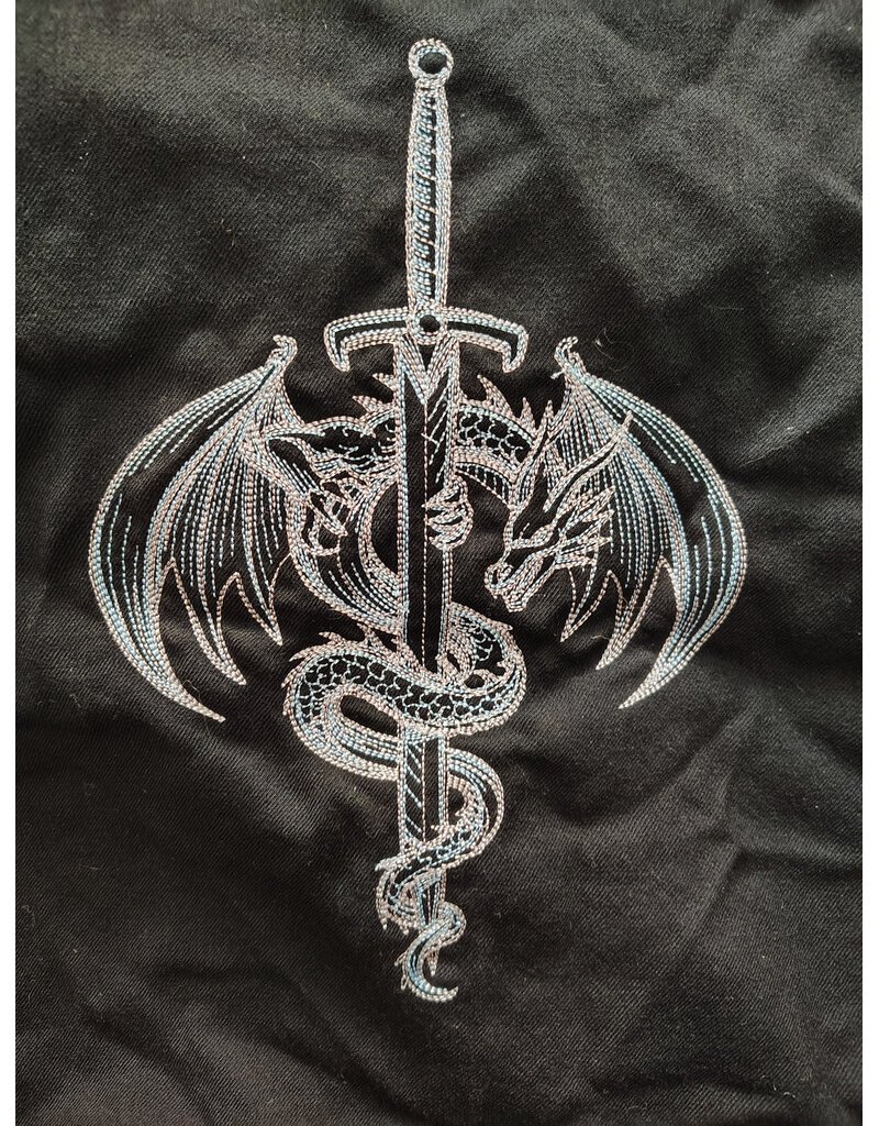 Cloakmakers.com 5955-Washable Medium Weight Black Wool Cloak w/ Light Blue Velvet Hood Lining & Dragon and Sword Embroidery