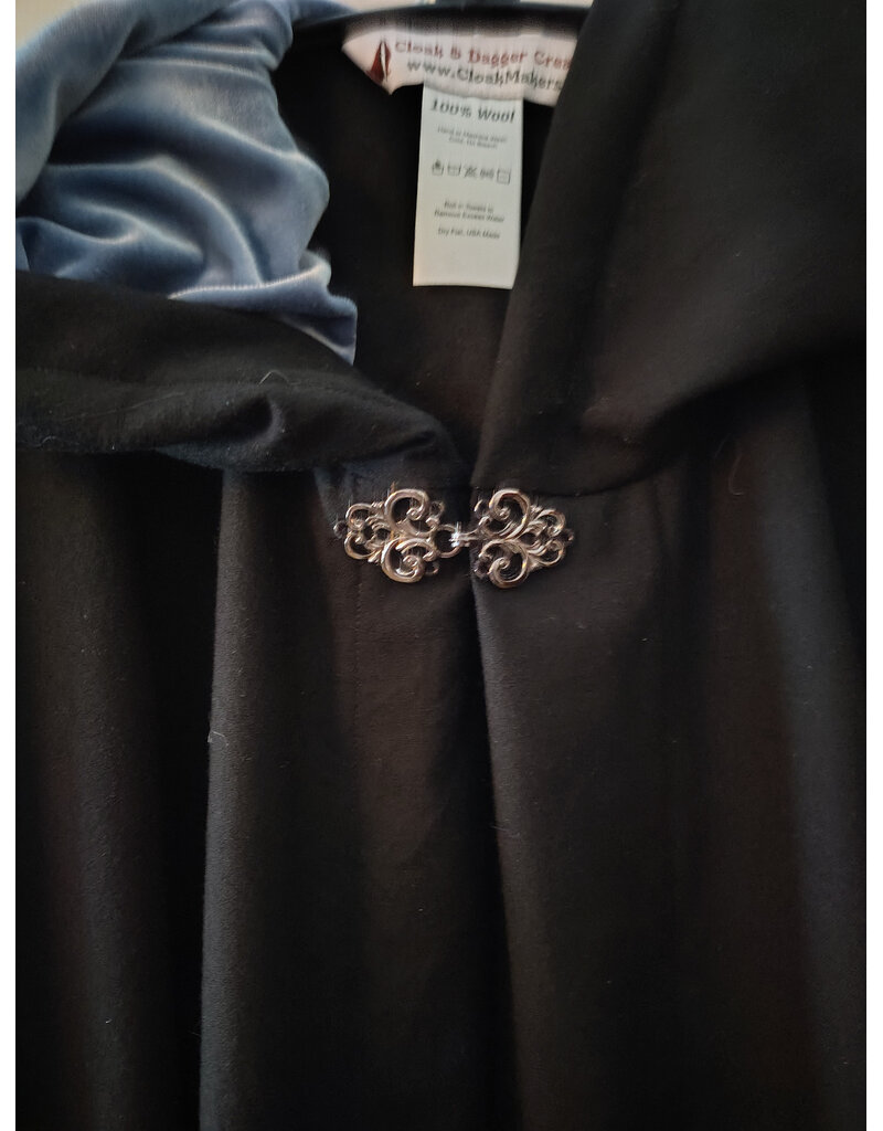 Cloakmakers.com 5955-Washable Medium Weight Black Wool Cloak w/ Light Blue Velvet Hood Lining & Dragon and Sword Embroidery