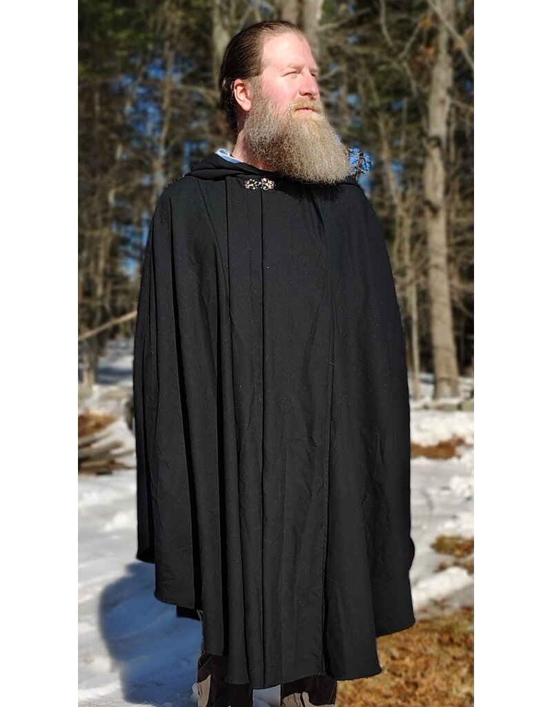 Cloakmakers.com 5955-Washable Medium Weight Black Wool Cloak w/ Light Blue Velvet Hood Lining & Dragon and Sword Embroidery