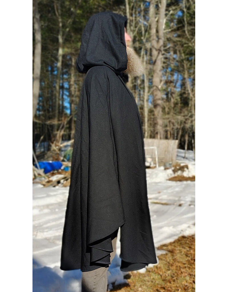 Cloakmakers.com 5955-Washable Medium Weight Black Wool Cloak w/ Light Blue Velvet Hood Lining & Dragon and Sword Embroidery