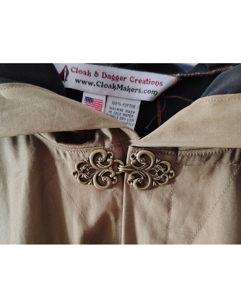 Cloakmakers.com 5956-Washable Tan Cotton Cloak w/ Black Interior & Antique Bronze Clasp