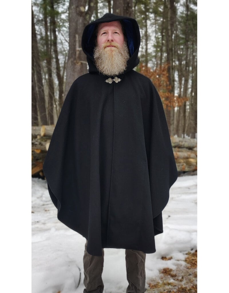 Cloakmakers.com 5957-Washable Black Wool Blend Cloak w/ Blue Velvet Hood Lining & Pockets