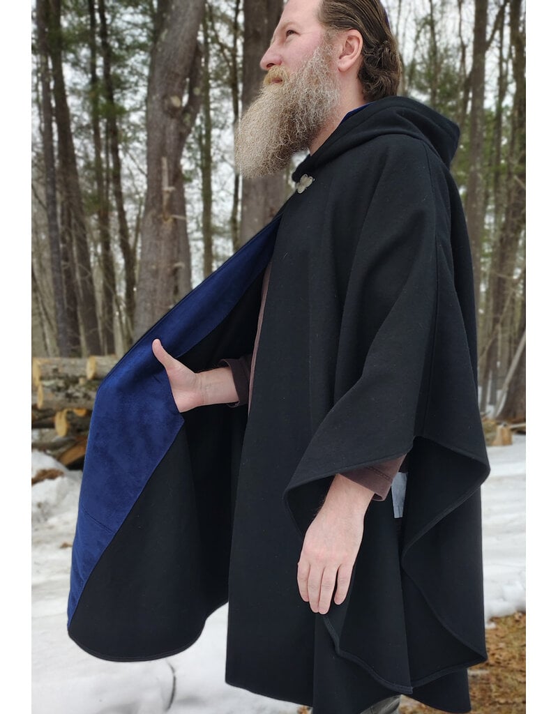 Cloakmakers.com 5957-Washable Black Wool Blend Cloak w/ Blue Velvet Hood Lining & Pockets