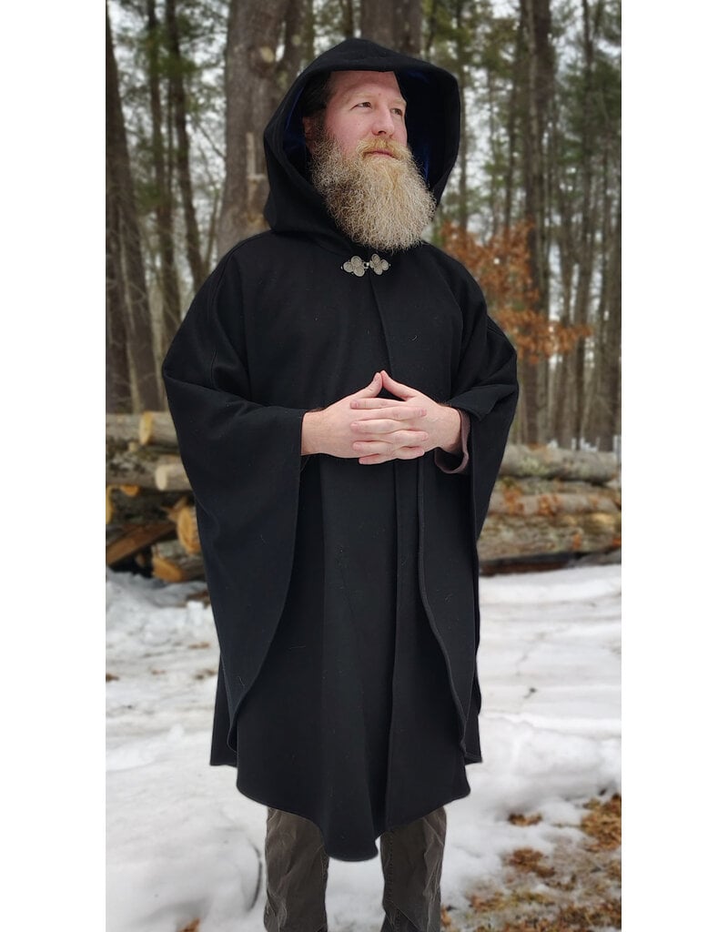 Cloakmakers.com 5957-Washable Black Wool Blend Cloak w/ Blue Velvet Hood Lining & Pockets