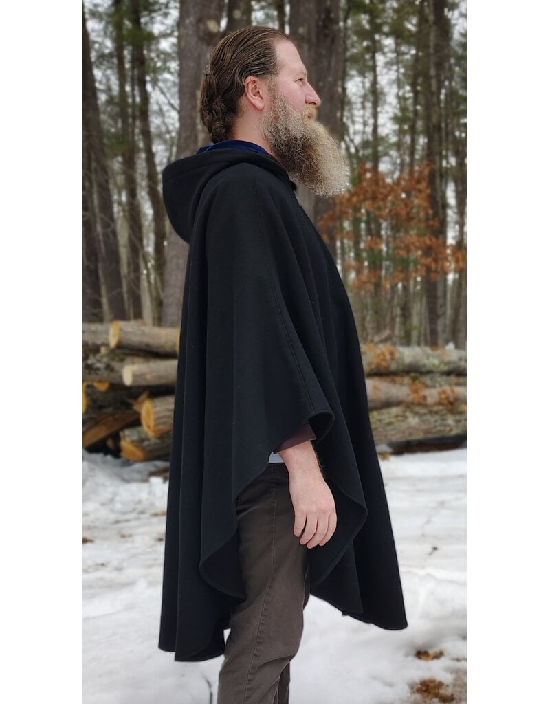 Cloakmakers.com 5957-Washable Black Wool Blend Cloak w/ Blue Velvet Hood Lining & Pockets