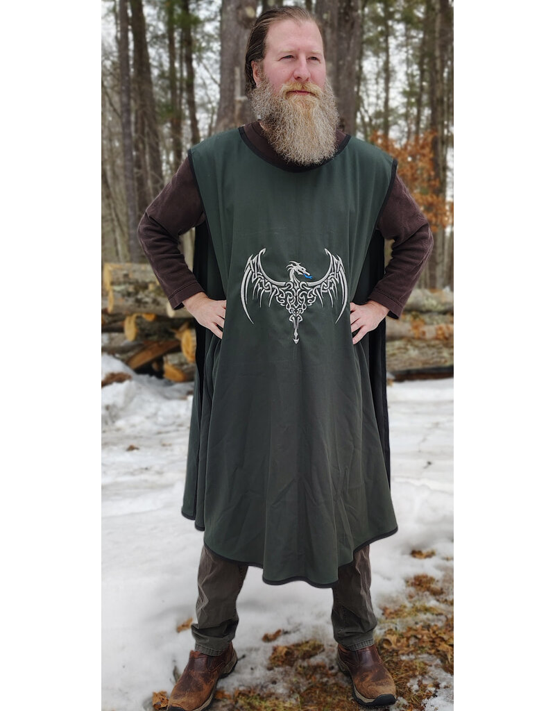 Cloakmakers.com J912-Washable Dark Green Cotton Blend Tabard w/ Silver Dragon Embroidery