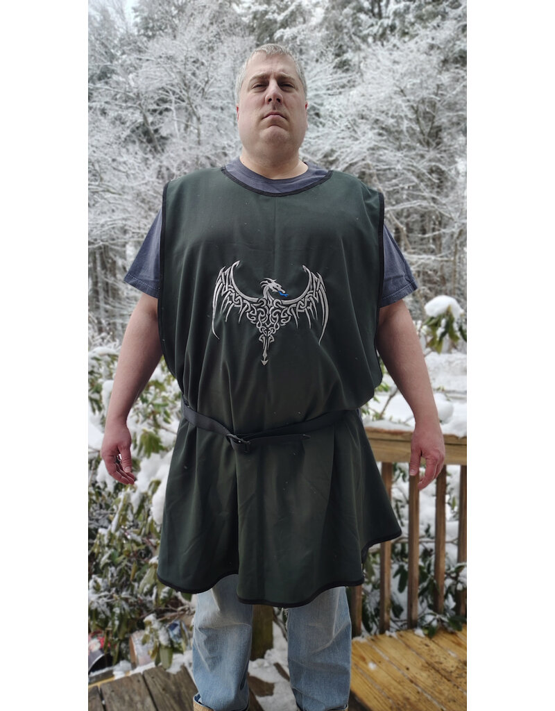 Cloakmakers.com J912-Washable Dark Green Cotton Blend Tabard w/ Silver Dragon Embroidery