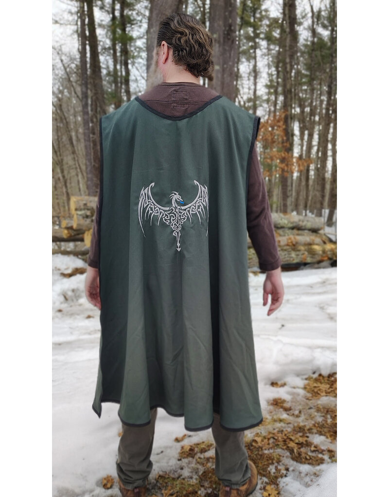 Cloakmakers.com J912-Washable Dark Green Cotton Blend Tabard w/ Silver Dragon Embroidery