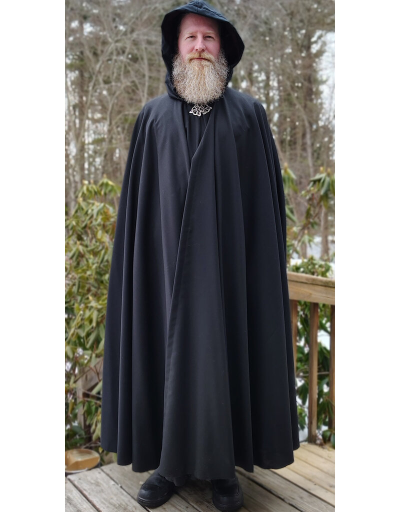 Cloakmakers.com 5959-Black Lightweight Wool Cloak w/ Dark Maroon Velvet Hood Lining & Celtic Knot Clasp