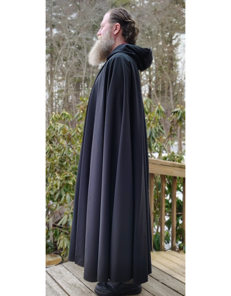 Cloakmakers.com 5959-Black Lightweight Wool Cloak w/ Dark Maroon Velvet Hood Lining & Celtic Knot Clasp