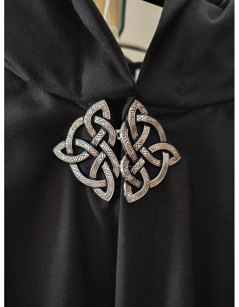 Cloakmakers.com 5959-Black Lightweight Wool Cloak w/ Dark Maroon Velvet Hood Lining & Celtic Knot Clasp
