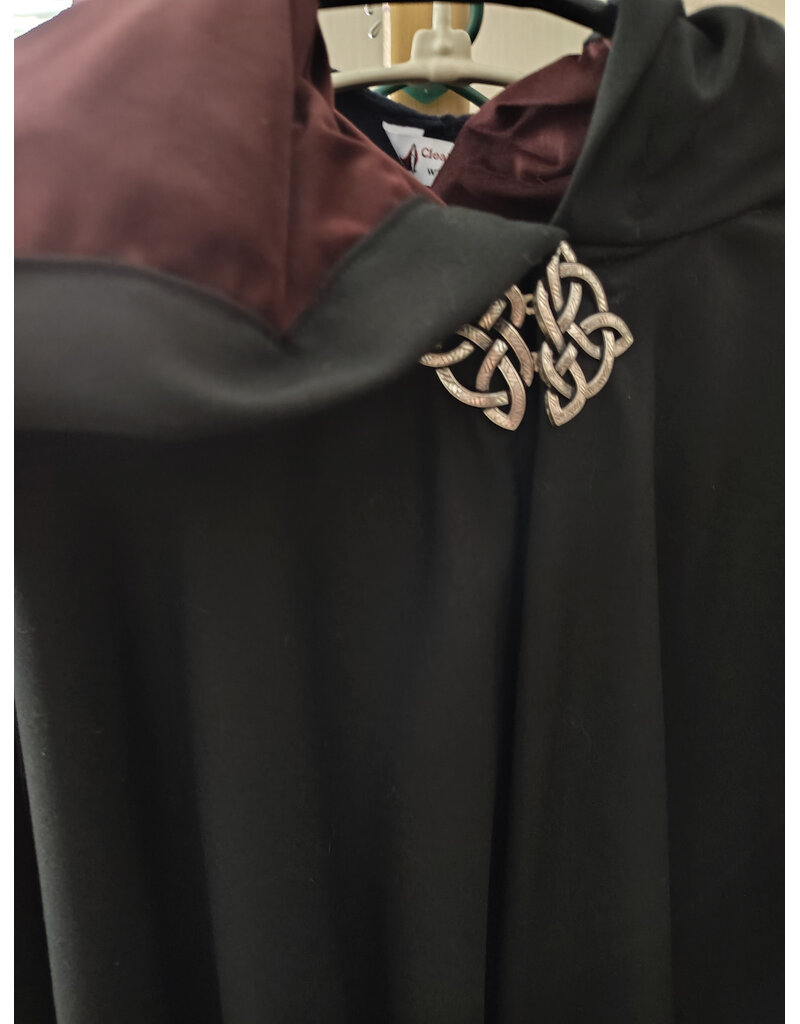 Cloakmakers.com 5959-Black Lightweight Wool Cloak w/ Dark Maroon Velvet Hood Lining & Celtic Knot Clasp