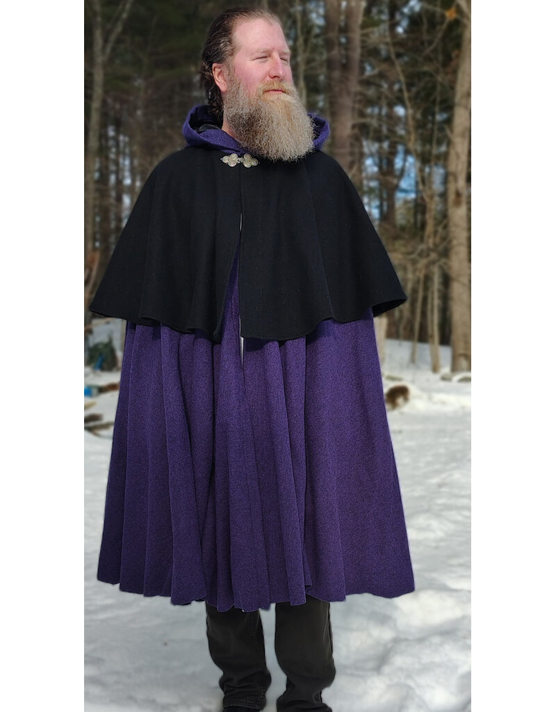 Cloakmakers.com 5961-Washable Black & Purple Wool Blend Mantle Cloak w/ Black Velvet Hood Lining & Triple Medallion Clasp