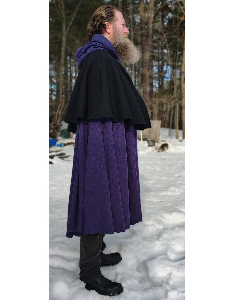 Cloakmakers.com 5961-Washable Black & Purple Wool Blend Mantle Cloak w/ Black Velvet Hood Lining & Triple Medallion Clasp