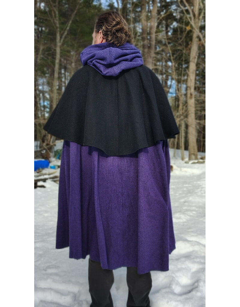 Cloakmakers.com 5961-Washable Black & Purple Wool Blend Mantle Cloak w/ Black Velvet Hood Lining & Triple Medallion Clasp