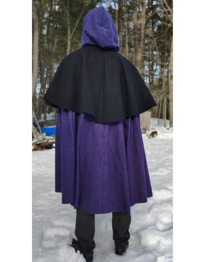 Cloakmakers.com 5961-Washable Black & Purple Wool Blend Mantle Cloak w/ Black Velvet Hood Lining & Triple Medallion Clasp