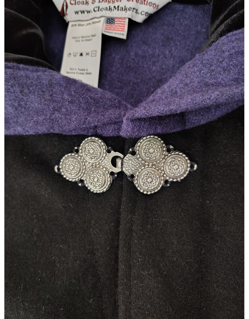 Cloakmakers.com 5961-Washable Black & Purple Wool Blend Mantle Cloak w/ Black Velvet Hood Lining & Triple Medallion Clasp