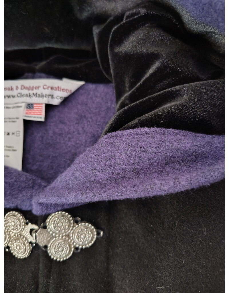 Cloakmakers.com 5961-Washable Black & Purple Wool Blend Mantle Cloak w/ Black Velvet Hood Lining & Triple Medallion Clasp
