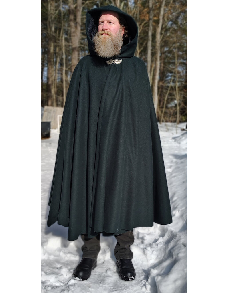 Cloakmakers.com 5962-Green Wool Blend Cloak w/ Black Velvet Hood Lining & Multi-Leaf Clasp