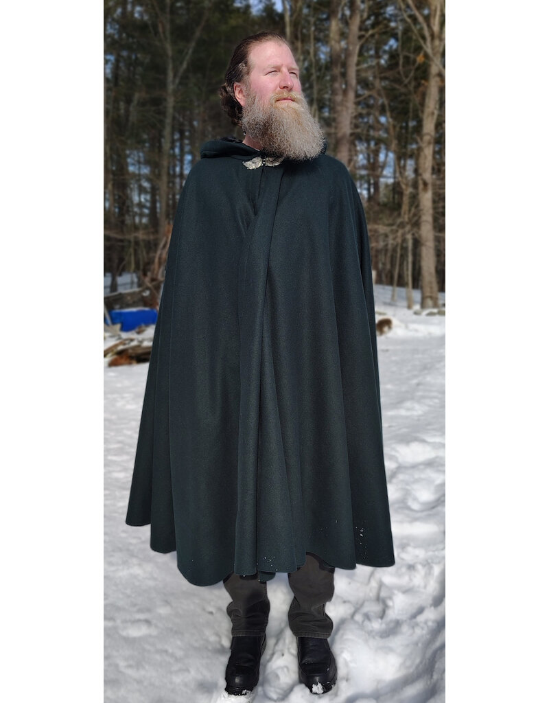 Cloakmakers.com 5962-Green Wool Blend Cloak w/ Black Velvet Hood Lining & Multi-Leaf Clasp
