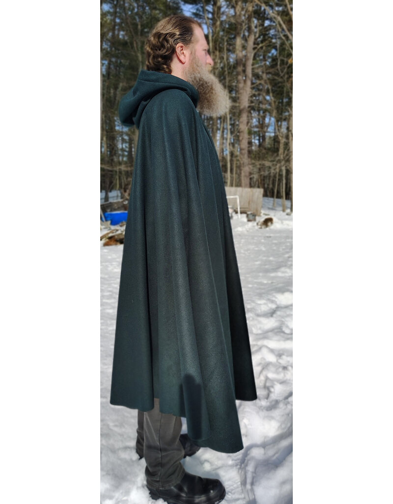 Cloakmakers.com 5962-Green Wool Blend Cloak w/ Black Velvet Hood Lining & Multi-Leaf Clasp