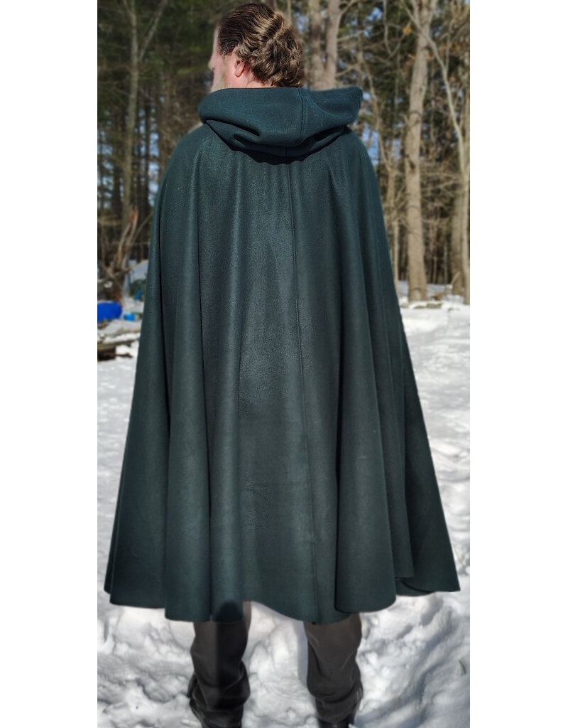Cloakmakers.com 5962-Green Wool Blend Cloak w/ Black Velvet Hood Lining & Multi-Leaf Clasp