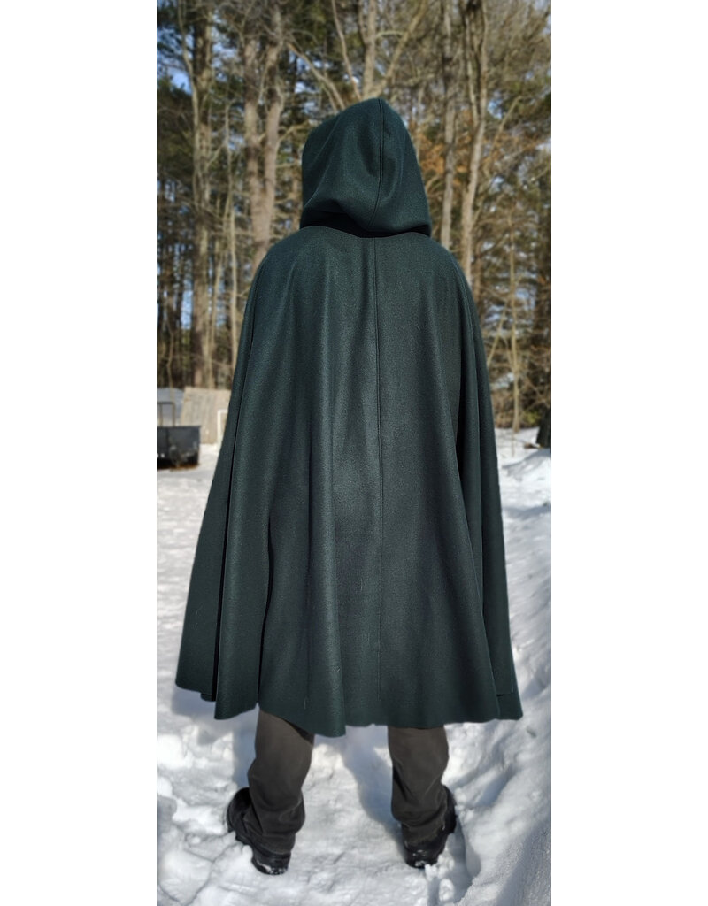 Cloakmakers.com 5962-Green Wool Blend Cloak w/ Black Velvet Hood Lining & Multi-Leaf Clasp