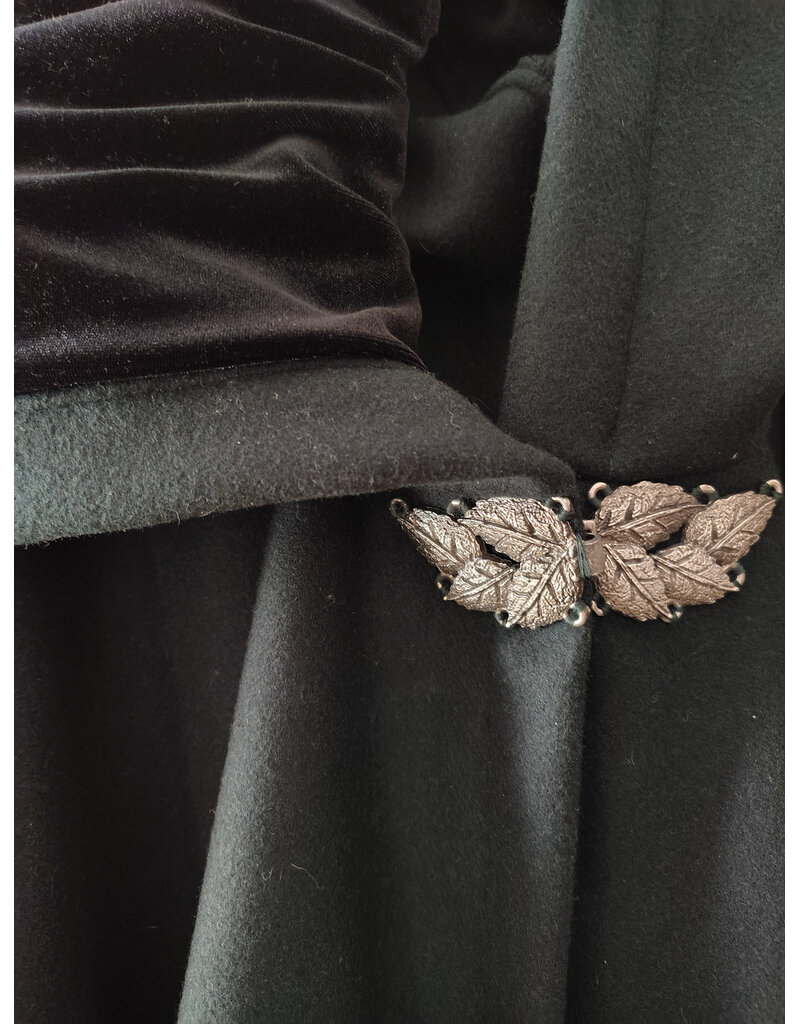 Cloakmakers.com 5962-Green Wool Blend Cloak w/ Black Velvet Hood Lining & Multi-Leaf Clasp