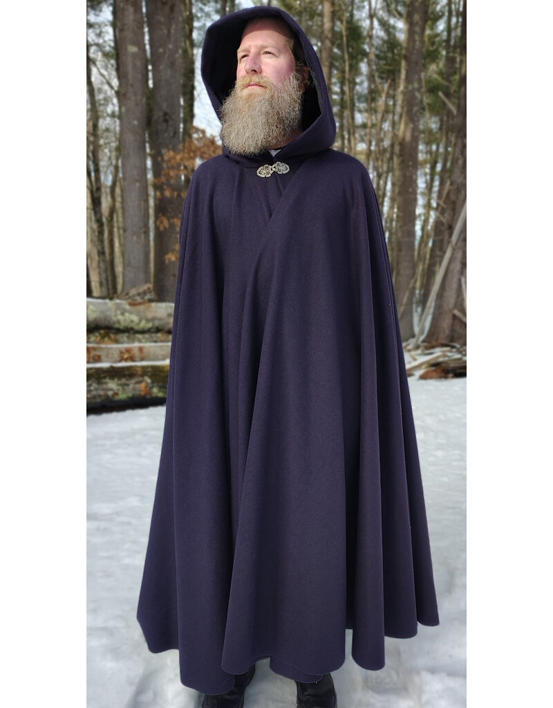 Cloakmakers.com 5963-Dark Purple Wool Cloak w/ Black Velvet Hood Lining & Gothic Rose Clasp